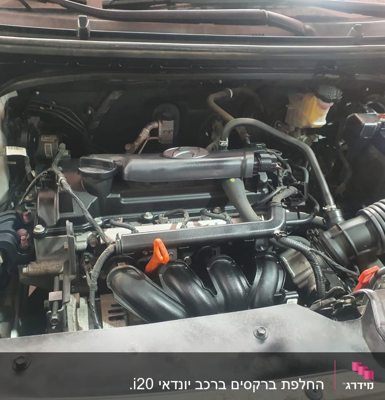 מנוע רכב עם צינורות, כבלים ומיכל נוזל כחול